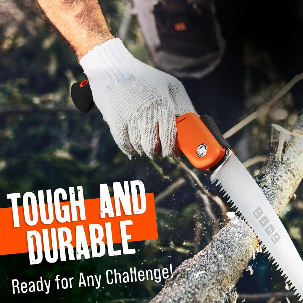 Folding Camping Saw 11 Inch - Heavy Duty Pruning Saw with Triple-Cut SK5 Blade, 7 TPI Razor Teeth for Tree Trimming, Wood Cutting, Camping, Bushcraft, and Gardening