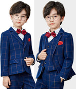 Boys Suit 3 Piece Formal Blue Plaid Slim Fit Kids Tuxedo Set Toddler Blazer Vest Dress Pants Ring Bearer Outfit