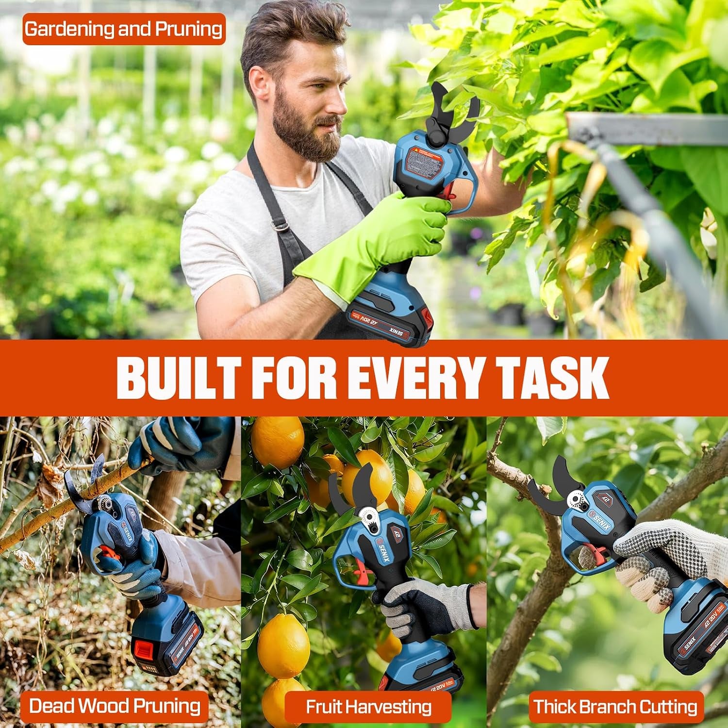 SENIX Cordless Electric Pruning Shears with 2000Mah Battery& Charger, 20V Brushless Motor Pruner, Dual Mode Cutting 1.5" Max for Delicate Flowers & Thick Branches, Gardening, Tree Pruners, Orchard
