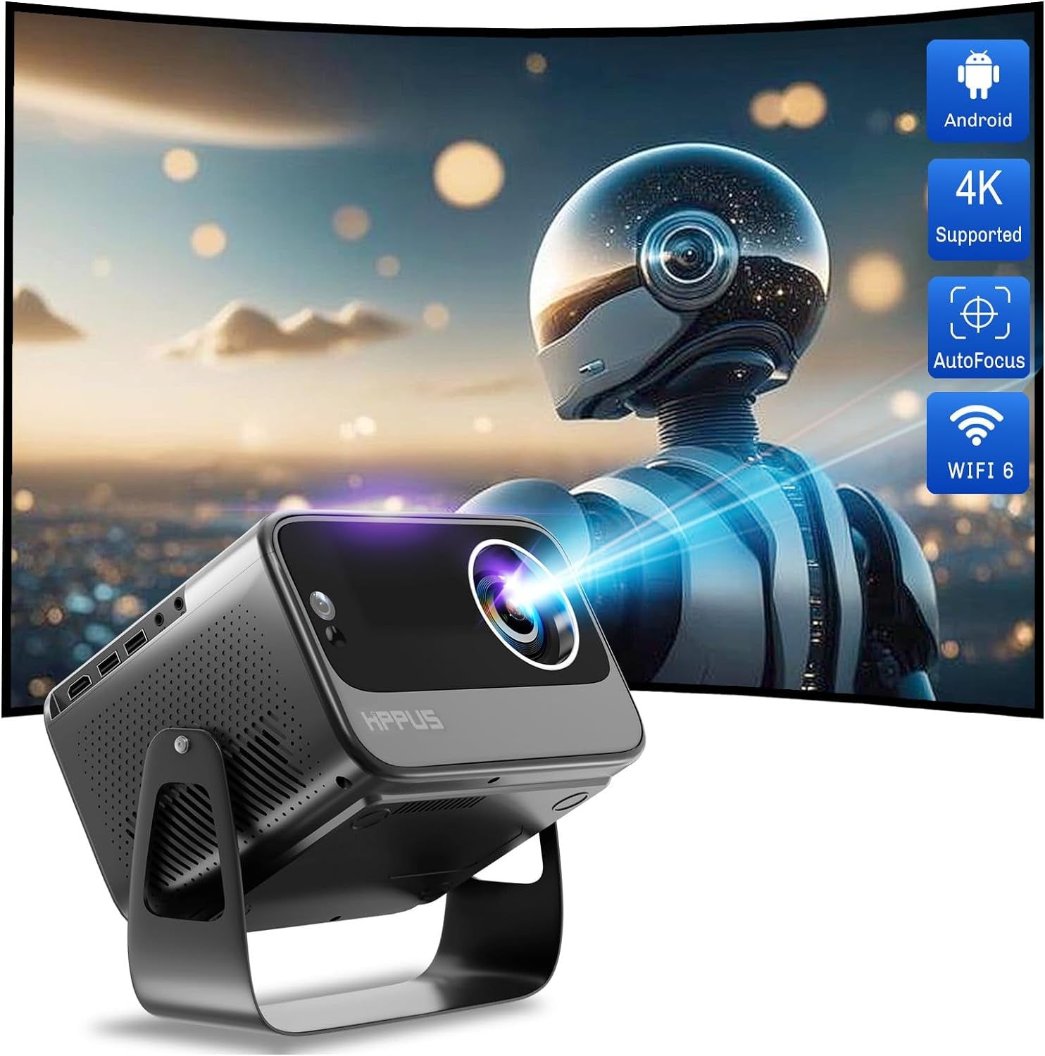 [Auto Focus/Keystone] Smart Projector 4K with Android 9.0 1080P Native 500 ANSI, Ceiling Projector with Wifi 6 and Bluetooth Object Avoidance, and Screen Adaption（Grey）