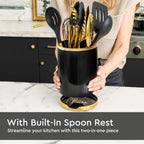 Black and Gold Utensil Holder with Built-In Spoon Rest | 2-Piece Black and Gold Spatula Holder, Kitchen Accessory, Utensils Not Included