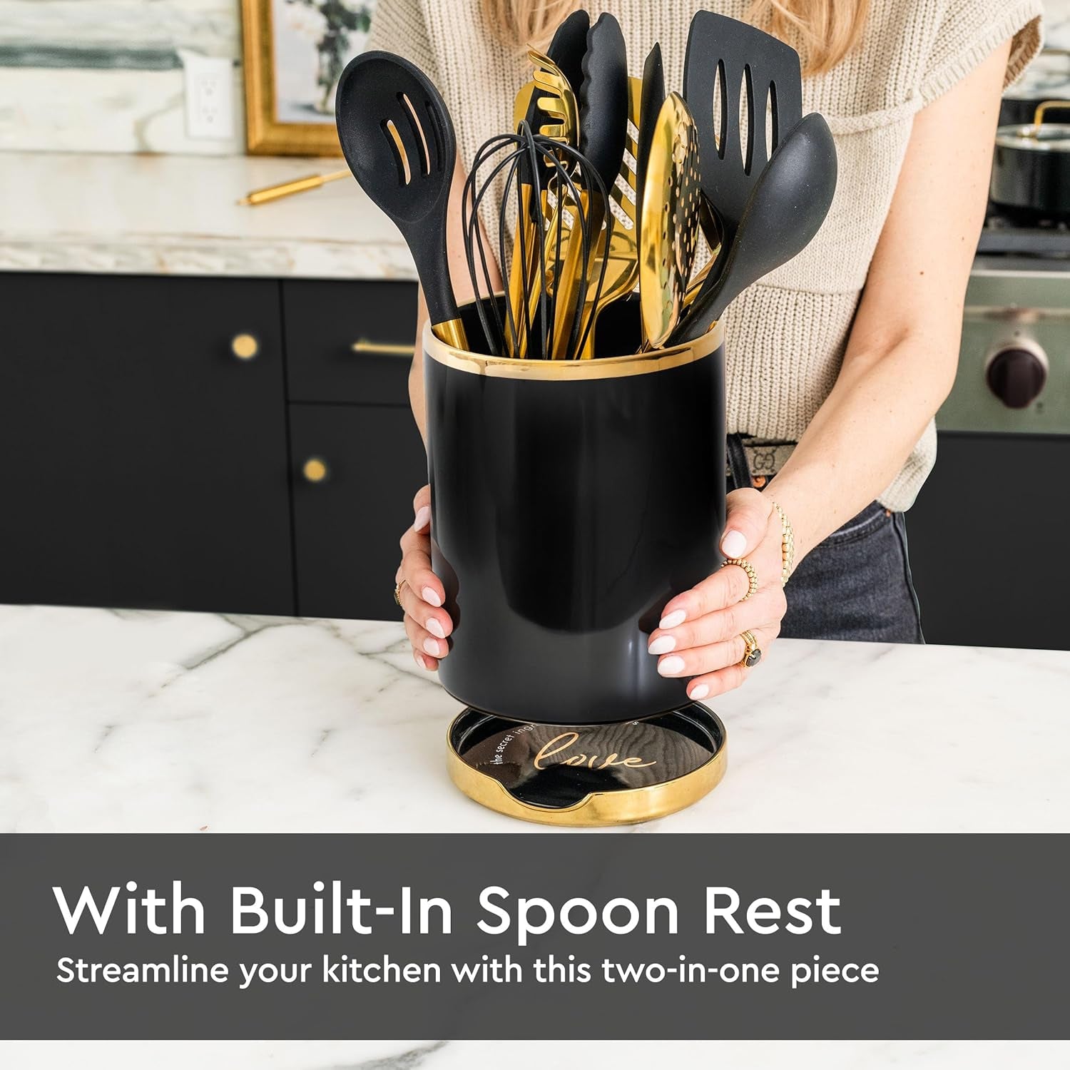 Black and Gold Utensil Holder with Built-In Spoon Rest | 2-Piece Black and Gold Spatula Holder, Kitchen Accessory, Utensils Not Included