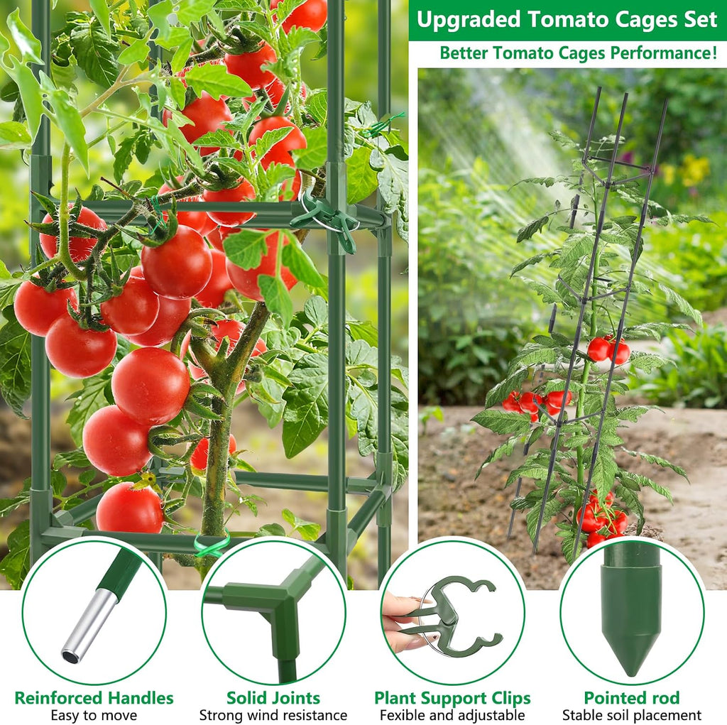 3 Sets 49'' Square Tomato Cages with 18-Gallon Grow Bags for Garden | Heavy-Duty Steel Trellis Kit, Support Towers with Stakes, for Tomatoes, Cucumbers, Peppers, Climbing Vegetables & Flowers