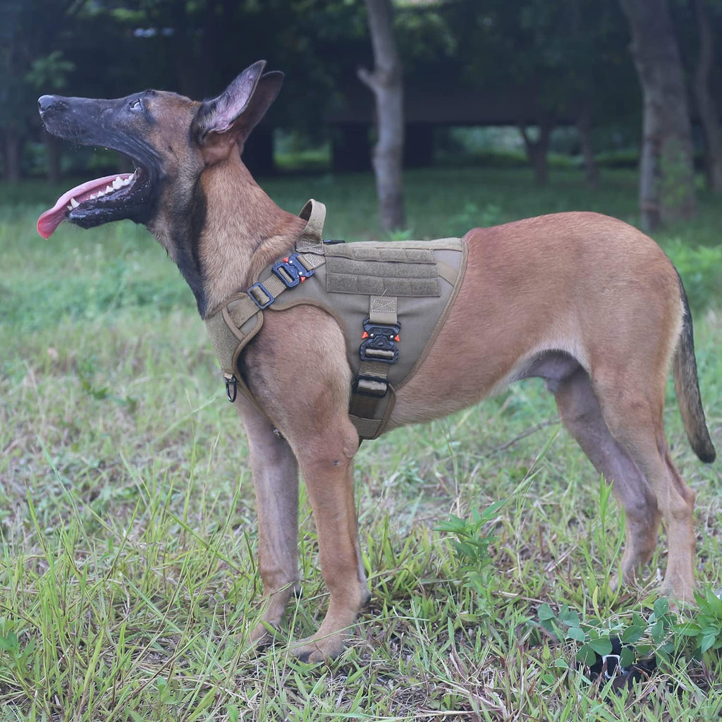 Tactical Dog Harness for Medium Dogs,Full Metal Buckles Dog Vest | with MOLLE, Reflective,Adjustable,2 Leash Clips,Control Handle,No Pull,Soft Padded,Brown,Medium