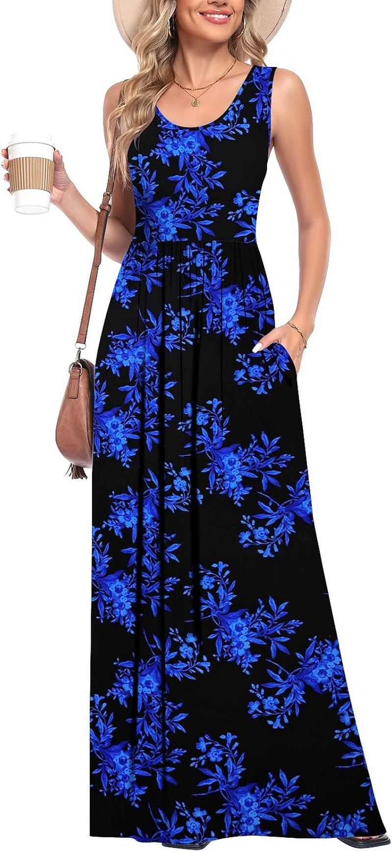 Summer Dresses for Women Flowy Casual Sleeveless Maxi Dress Beach Vacation Sundresses with Pockets S-2XL