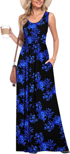 Summer Dresses for Women Flowy Casual Sleeveless Maxi Dress Beach Vacation Sundresses with Pockets S-2XL