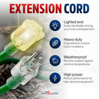 50Ft Outdoor/Indoor Extension Cord 12/3 Gauge Extra Heavy Duty 3 Prong SJTW, Waterproof, Flexible Cold-Resistant Long Power Cord,15A 125V 1875W, Green by
