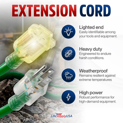 50Ft Outdoor/Indoor Extension Cord 12/3 Gauge Extra Heavy Duty 3 Prong SJTW, Waterproof, Flexible Cold-Resistant Long Power Cord,15A 125V 1875W, Green by