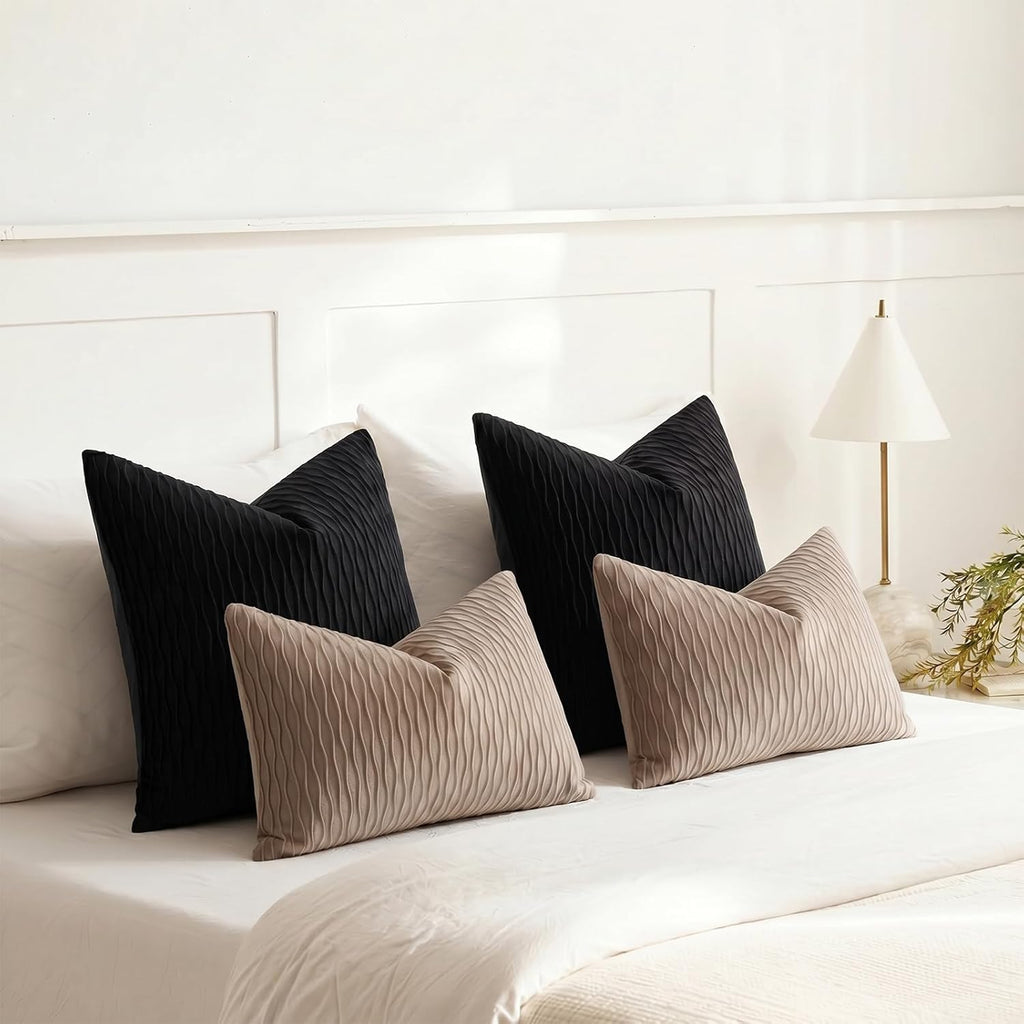 Black Vertical Ripple Striped Decorative Pillow Covers: Pack of 2 22X22 Inch Velvet Square Throw Pillow Cases for Farmhouse Couch Sofa Bed Living Room Home Decor