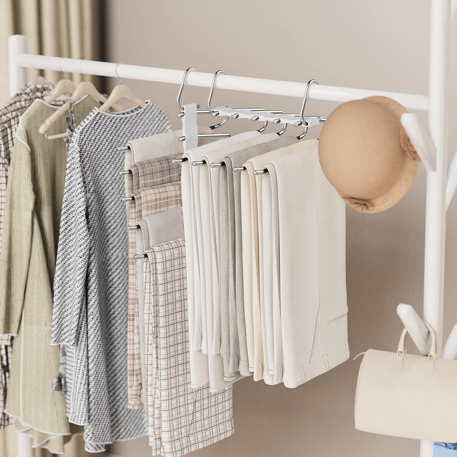 2 Pack Pants Hangers Space Saving, Anti-Slip Multi-Functional Pants Rack, Thickened Stainless Steel Tube with 10 Metal Clips, Two Hanging Modes Suitable for Jeans Trousers Skirts Scarf-White
