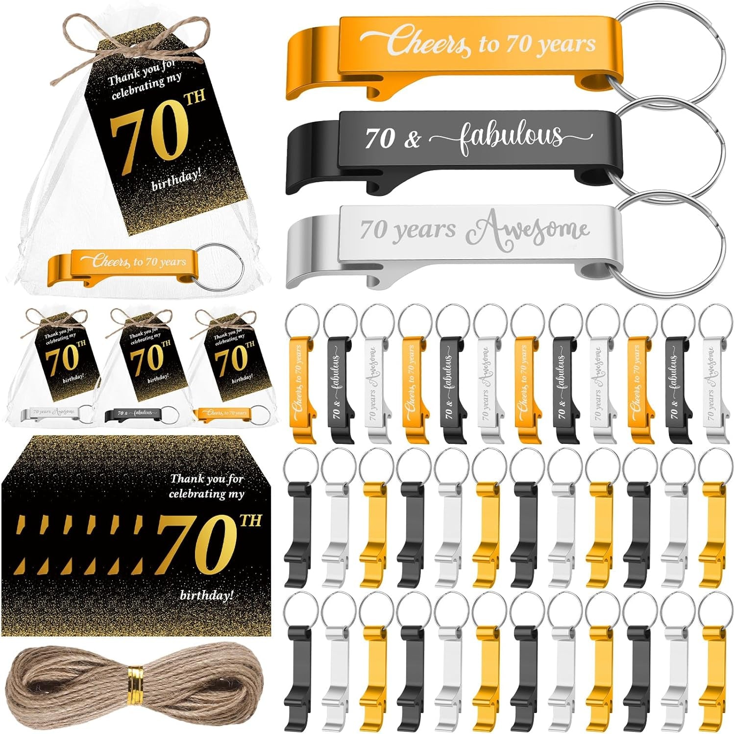50 Sets 70Th Birthday Party Favors for Guests Include Birthday Beer Opener Keychain Cheers to 70 Bottle Opener Keychain with Thank You Cards and Gift Bag for Party Wedding Gifts