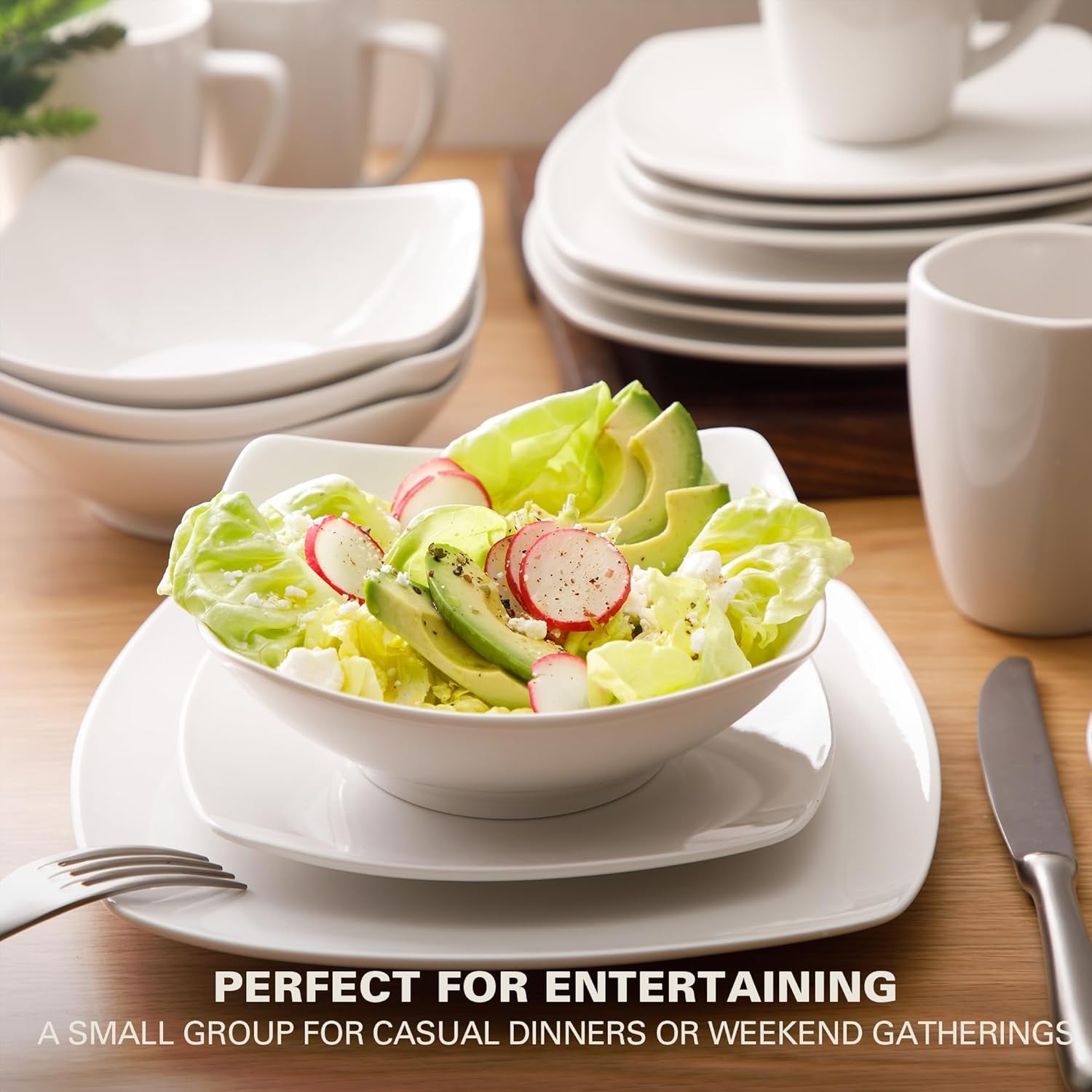 Zen Buffet White Porcelain Dinnerware Set for 4, Square Plates Bowls and Mugs, Chip and Scratch Resistant, Dishwasher and Microwave Safe, 16 Piece