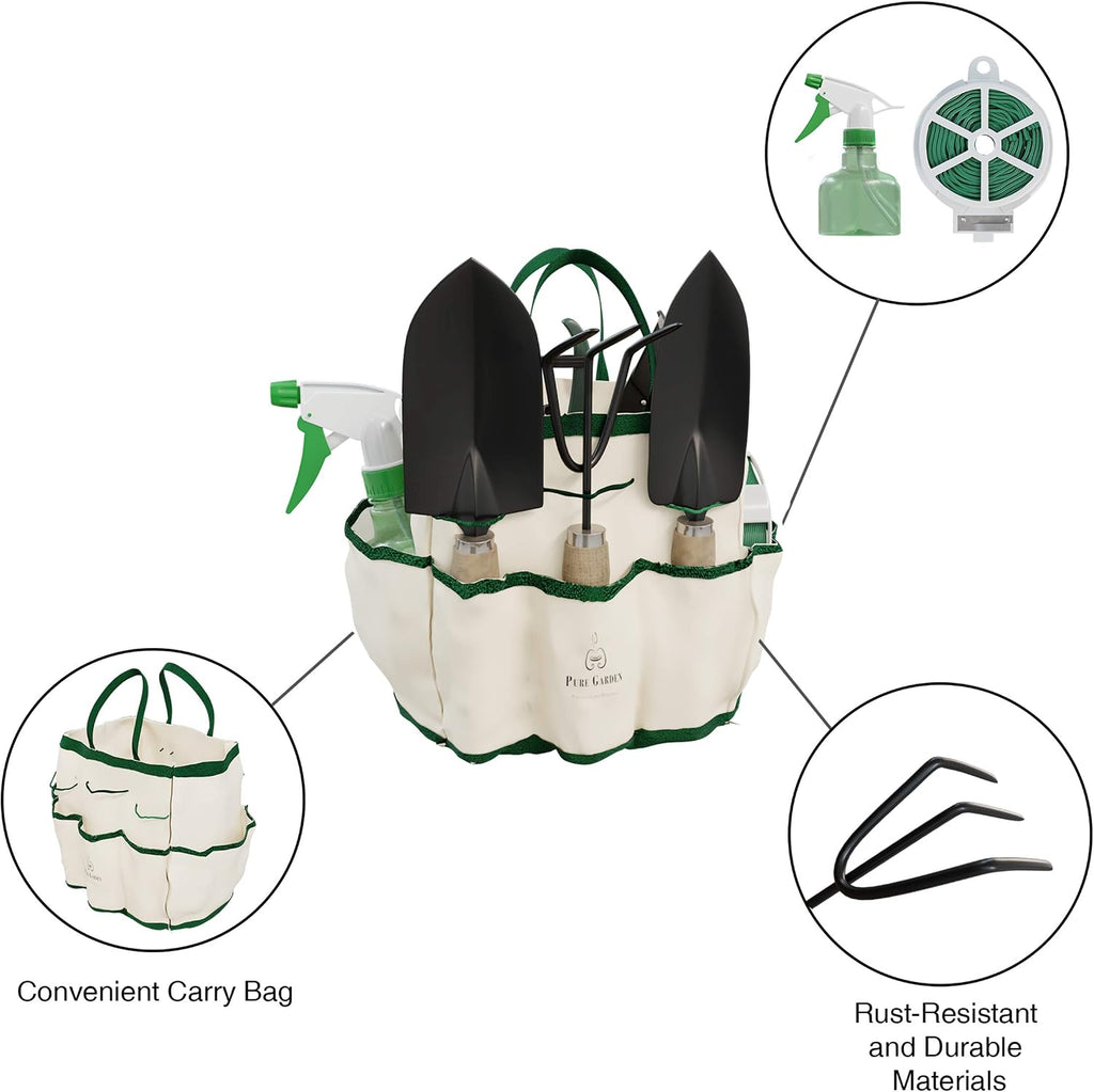 8-Piece Garden Hand Tool Set - Canvas Tote Gardening Tool Kit with Snip, Pruner, Rake, Trowel, Shovel, Spray Bottle, and Soft Wire Tie by