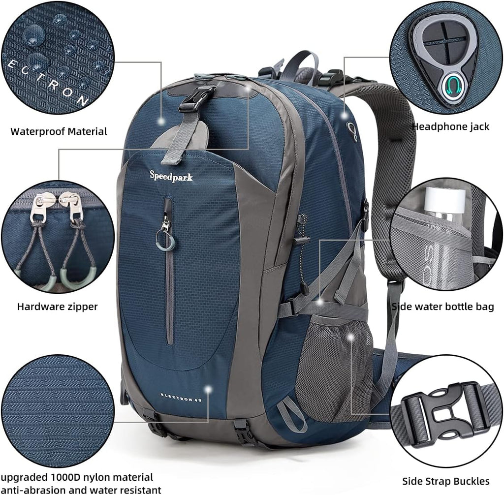 40L Hiking Backpack, Lightweight Camping Daypack with Rain Cover | Water-Resistant Rip-Stop Nylon, Multi-Pockets, Survival Whistle. Ideal for Men, Women, Travel, Trekking