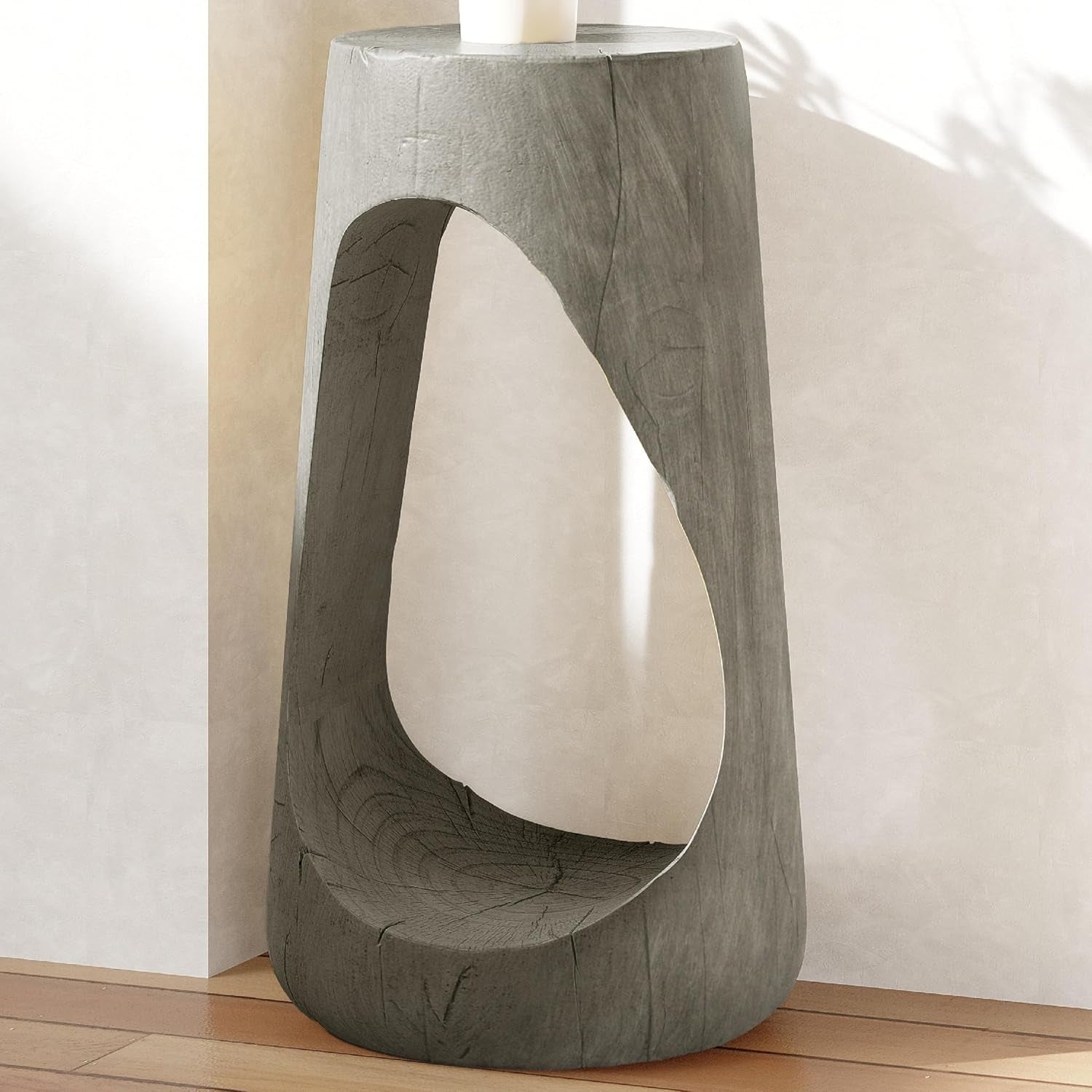 Hollow MGO Accent Side Table, Unique Modern End Table with Wide Pedestal & Tabletop, Small Drink Tables for Living Room, Bedroom Night Stand Bedside Table, No Assembly Required, Grey