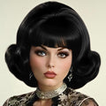 Black Vintage Curly Cosplay Wigs for Women Bouffant Beehive 50S 60S Retro Costume Hair Wig with Bangs for Halloween Party Use
