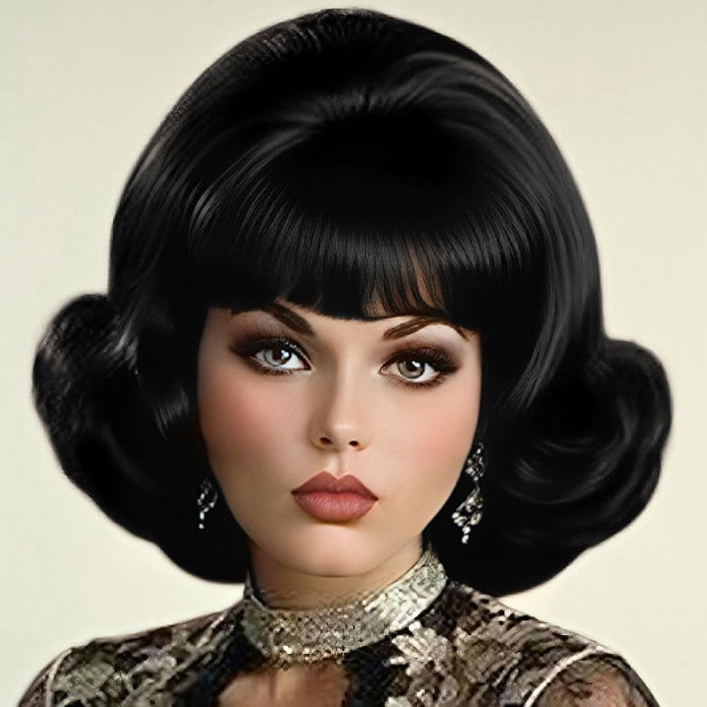Black Vintage Curly Cosplay Wigs for Women Bouffant Beehive 50S 60S Retro Costume Hair Wig with Bangs for Halloween Party Use