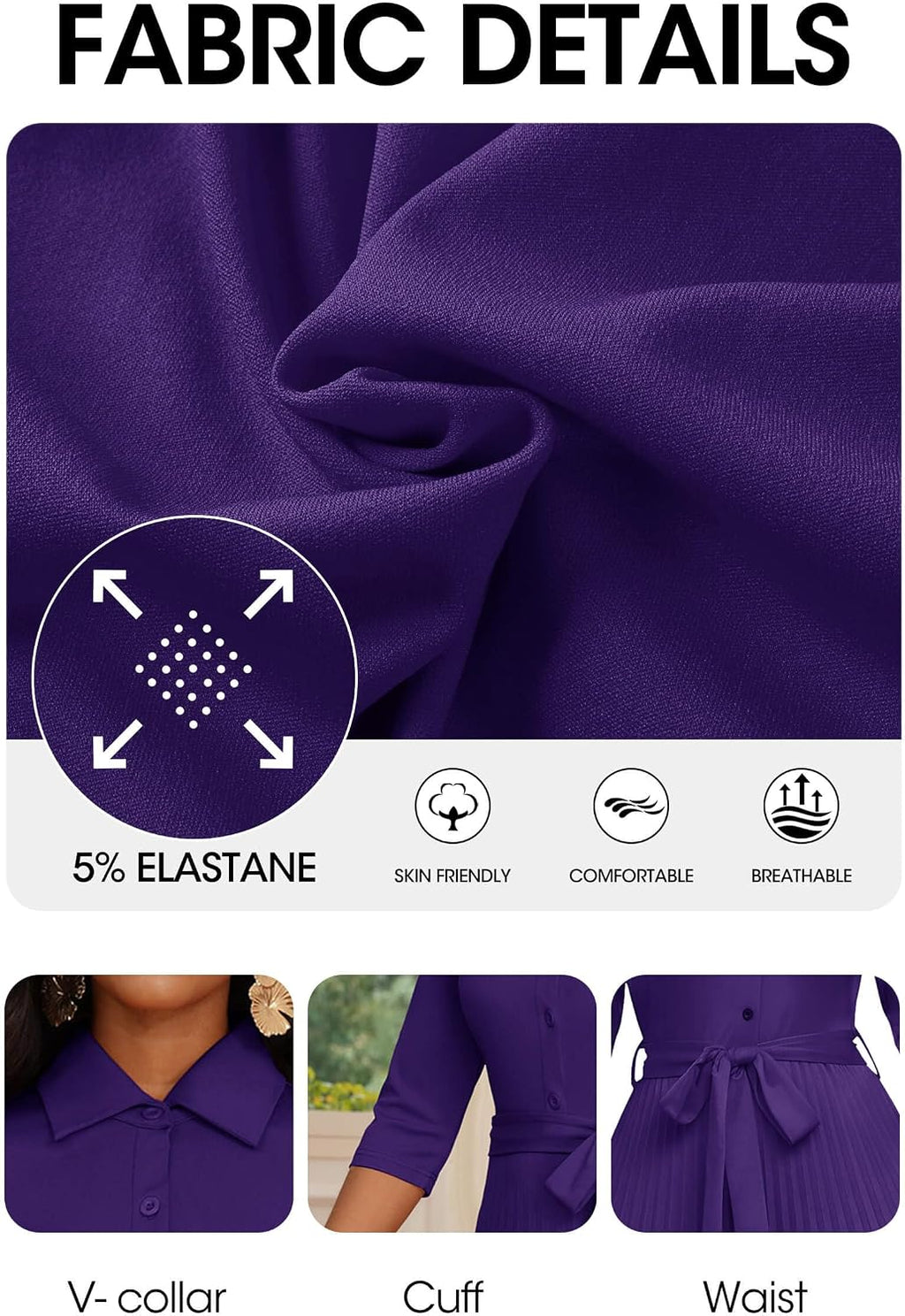 Womens Maxi Dress 3/4 Sleeve Button down Pleated Church Work Dress | Business Casual Lapel Neck Work Dress with Pockets/ Elegant Tie Waist Wedding Guest Dress with Belt/ Solid Color