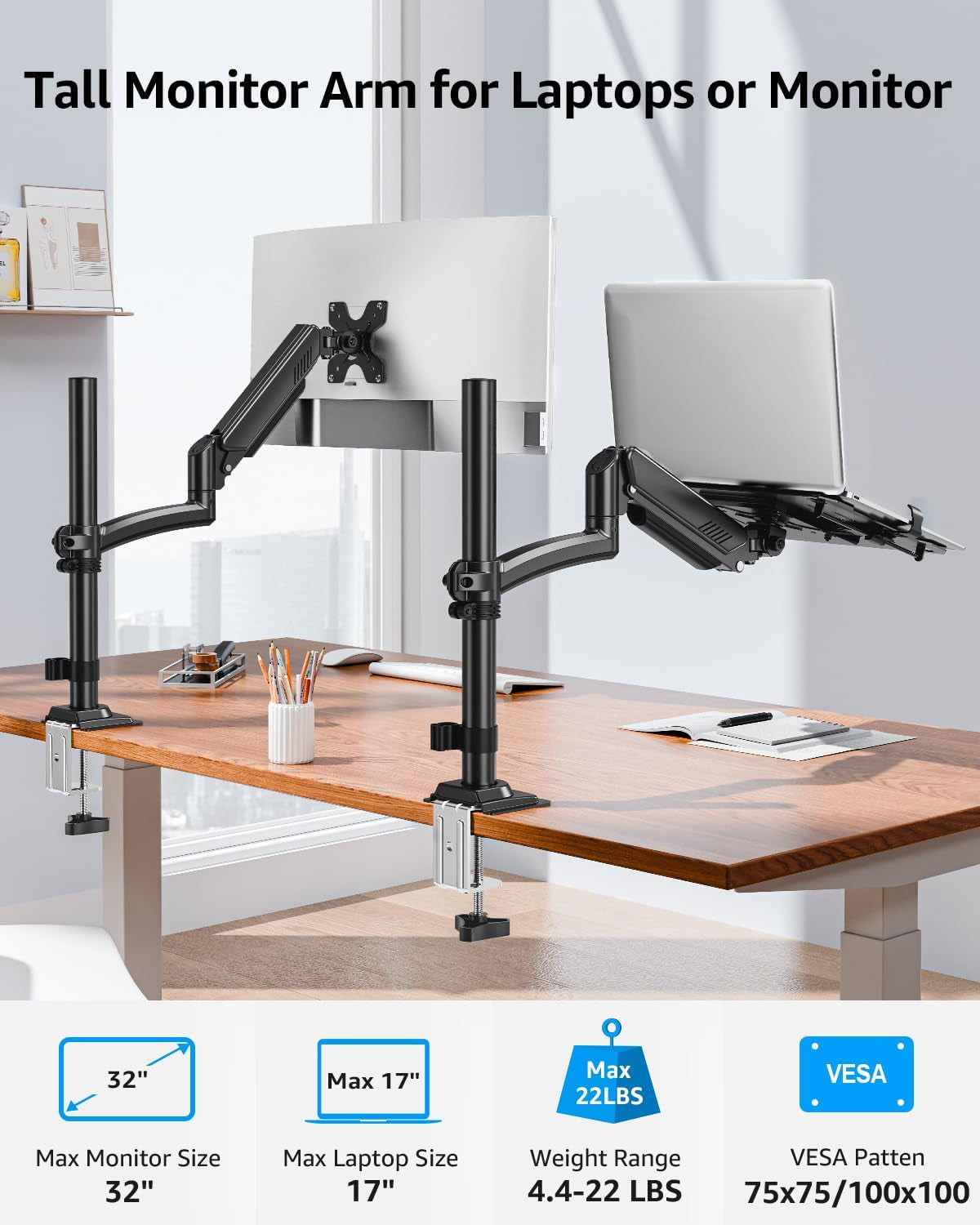 Laptop Desk Mount, Adjustable Laptop Stand for Max 17" Notebook or 32" Monitor, Laptops Arm Mount for Desk Holds 4.4-22Lbs, Tall Laptops Stand with Clamp/Grommet