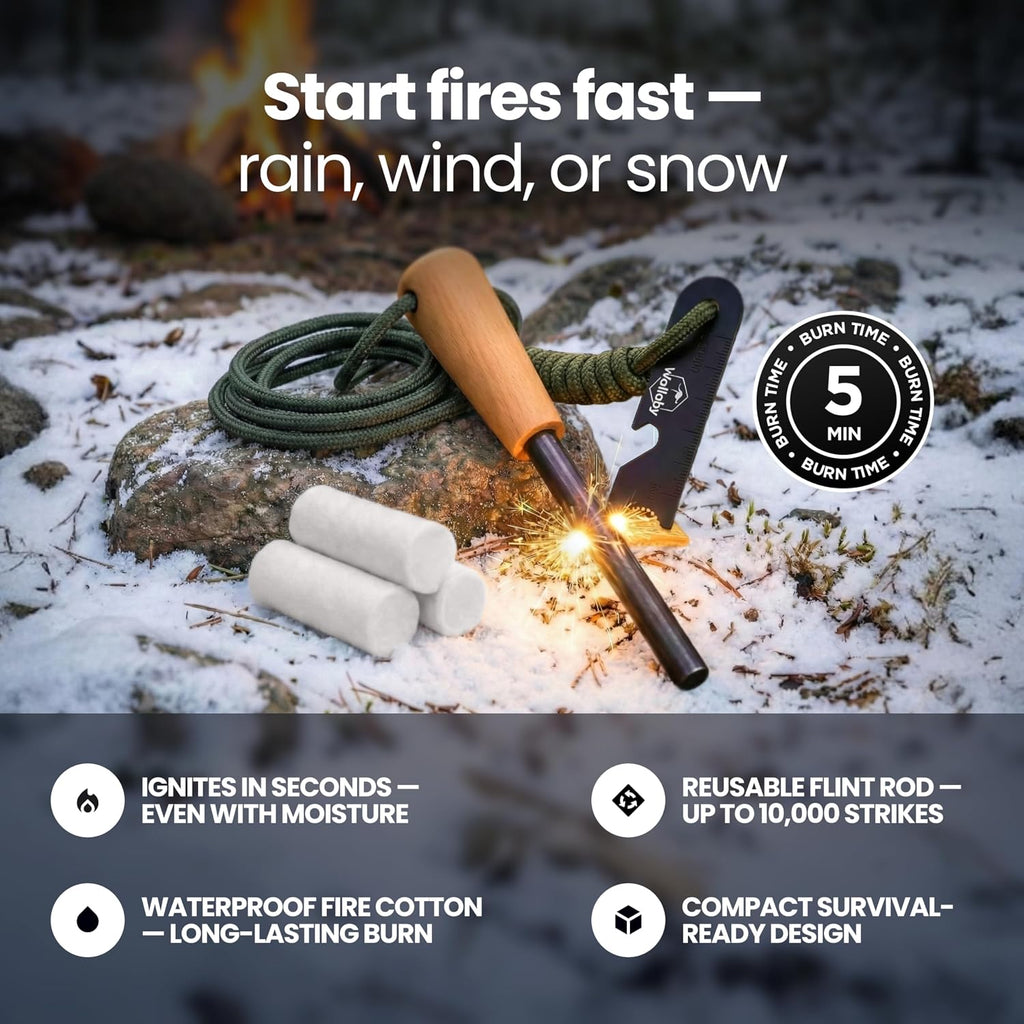 Fire Starter Kit - 33 Waterproof Plugs in Metal Tin + Flint Rod Striker Multi-Tool, Pocket Survival Guide, Airtight Mylar Storage Bag – Camping, Emergency, Grill, Fire Pit