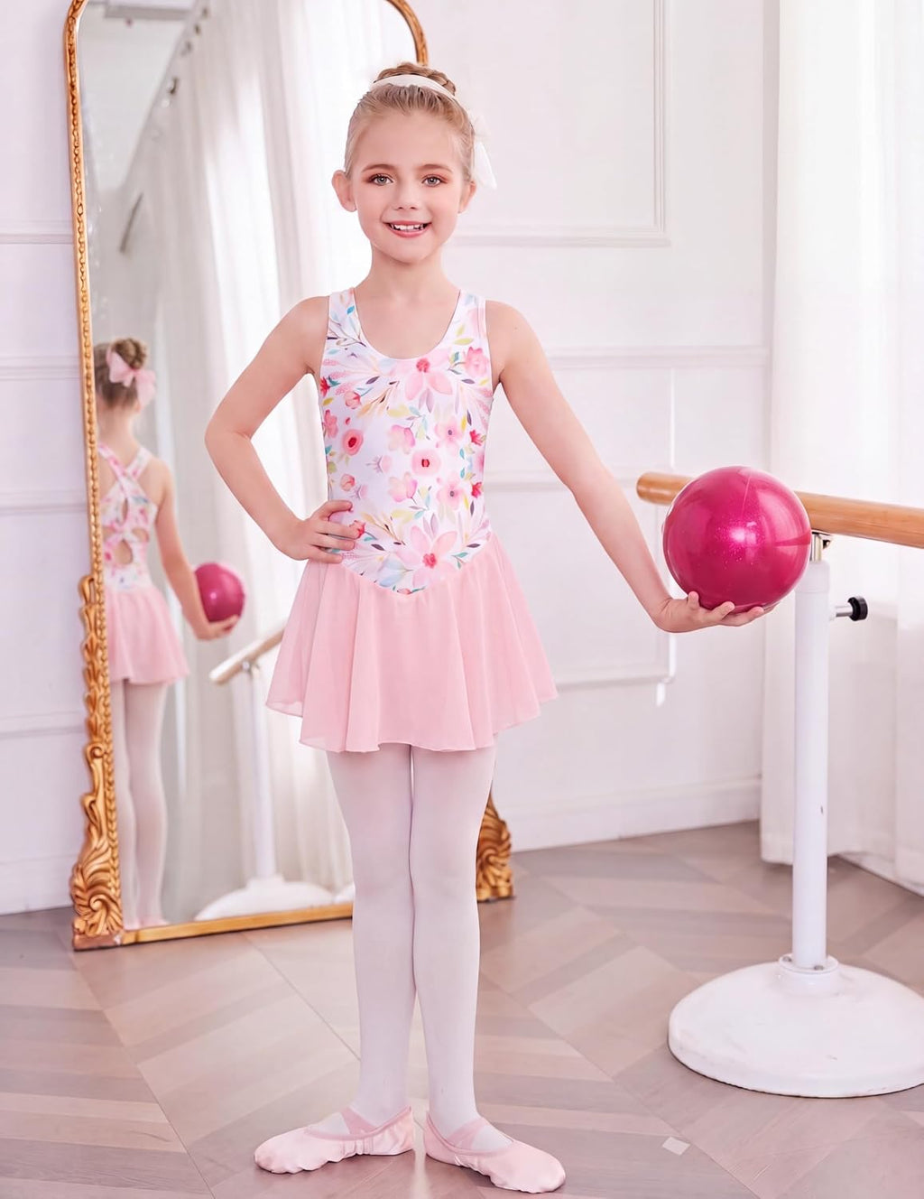 Girls Hollow Back Ballet Leotard with Skirt Sleeveless Dance Dress | Kid Girls, Solid Leotard with Hollow Back Criss-Cross Straps, Flowy Chiffon Skirt 3-11 Y