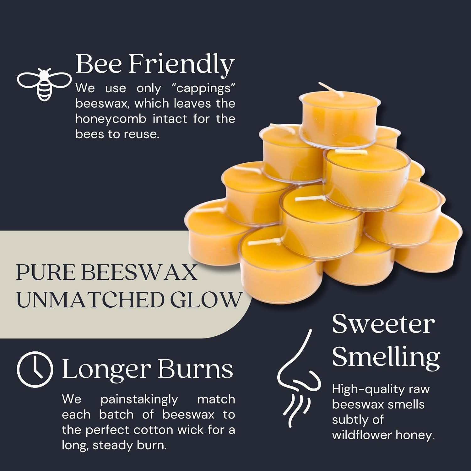 Tea Light Candles, Raw Yellow, Clear Cups, 24 Pack | 100% Pure Natural Bees Wax, Unscented, Paraffin & Soy Free, 5 Hour Burn Time, Made in USA