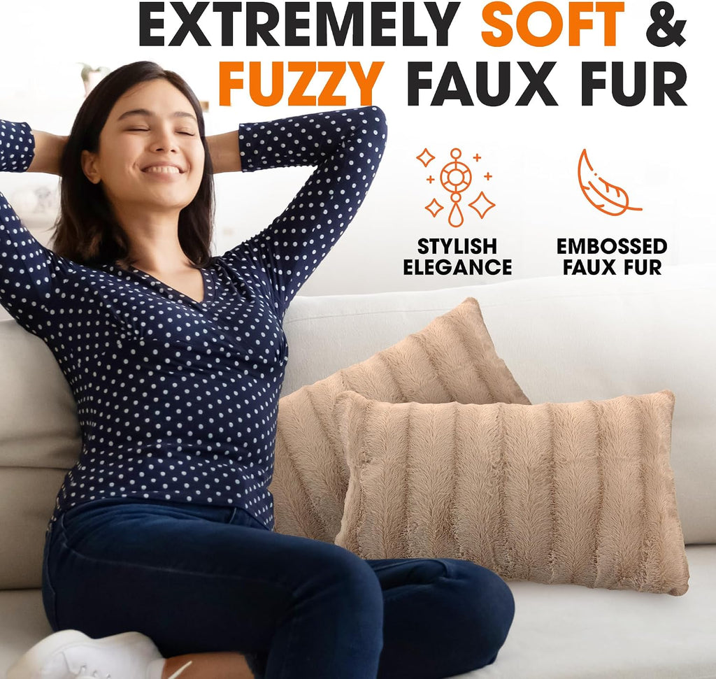 Faux Fur Throw Pillows - Decorative Pillows for Couch, Bed Throw Pillows, Sand Accent Pillows for Bedroom or Living Room Aesthetic, Set of 2 Furry Throw Pillows, 12" X 20"