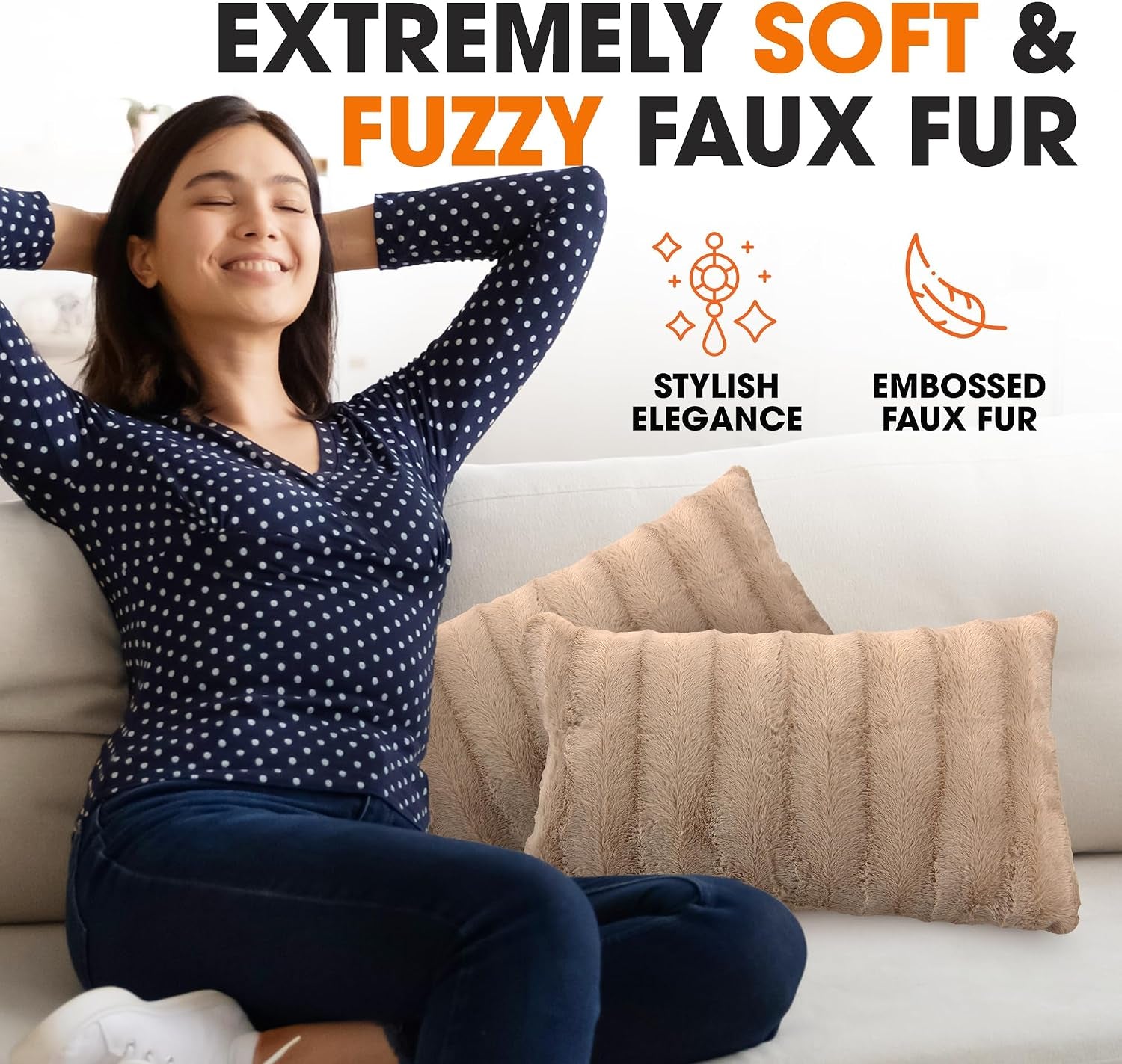 Faux Fur Throw Pillows - Decorative Pillows for Couch, Bed Throw Pillows, Sand Accent Pillows for Bedroom or Living Room Aesthetic, Set of 2 Furry Throw Pillows, 12" X 20"