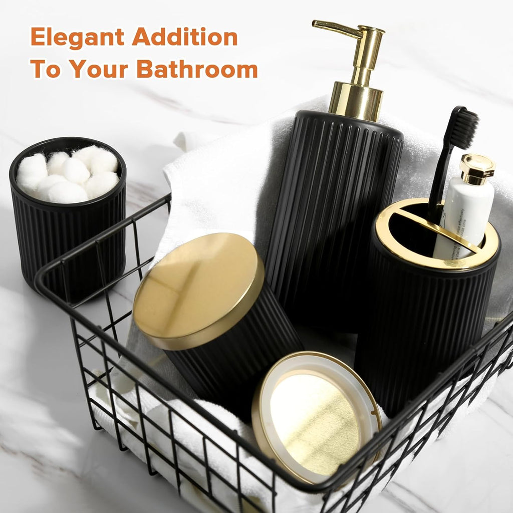 Matte Black and Gold Bathroom Accessories Set, 4 Pack Glass Bath Accessory Sets Complete, Ribbed Soap Dispenser and Toothbrush Holder Set with 2 Qtip Holders, Modern Gold Bathroom Decor