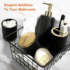 Matte Black and Gold Bathroom Accessories Set, 4 Pack Glass Bath Accessory Sets Complete, Ribbed Soap Dispenser and Toothbrush Holder Set with 2 Qtip Holders, Modern Gold Bathroom Decor