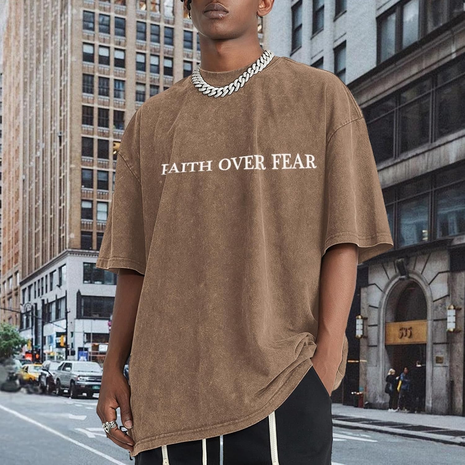 Christian Faith over Fear Shirt for Men Jesus Religious Shirts Oversized Graphic Tees Acid Wash God T-Shirt