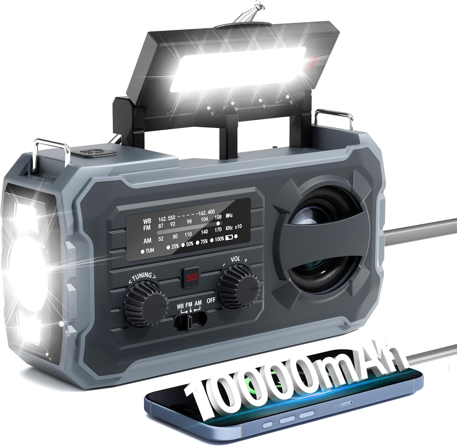 Hand Crank Emergency Radio 10000Mah Weather Radio with AM/FM/NOAA, Grey | Emergency Weather Radio with Solar Prower SOS Phone Charging LED Flashlight, Survival Gear for Outdoor Home Emergencies Kits