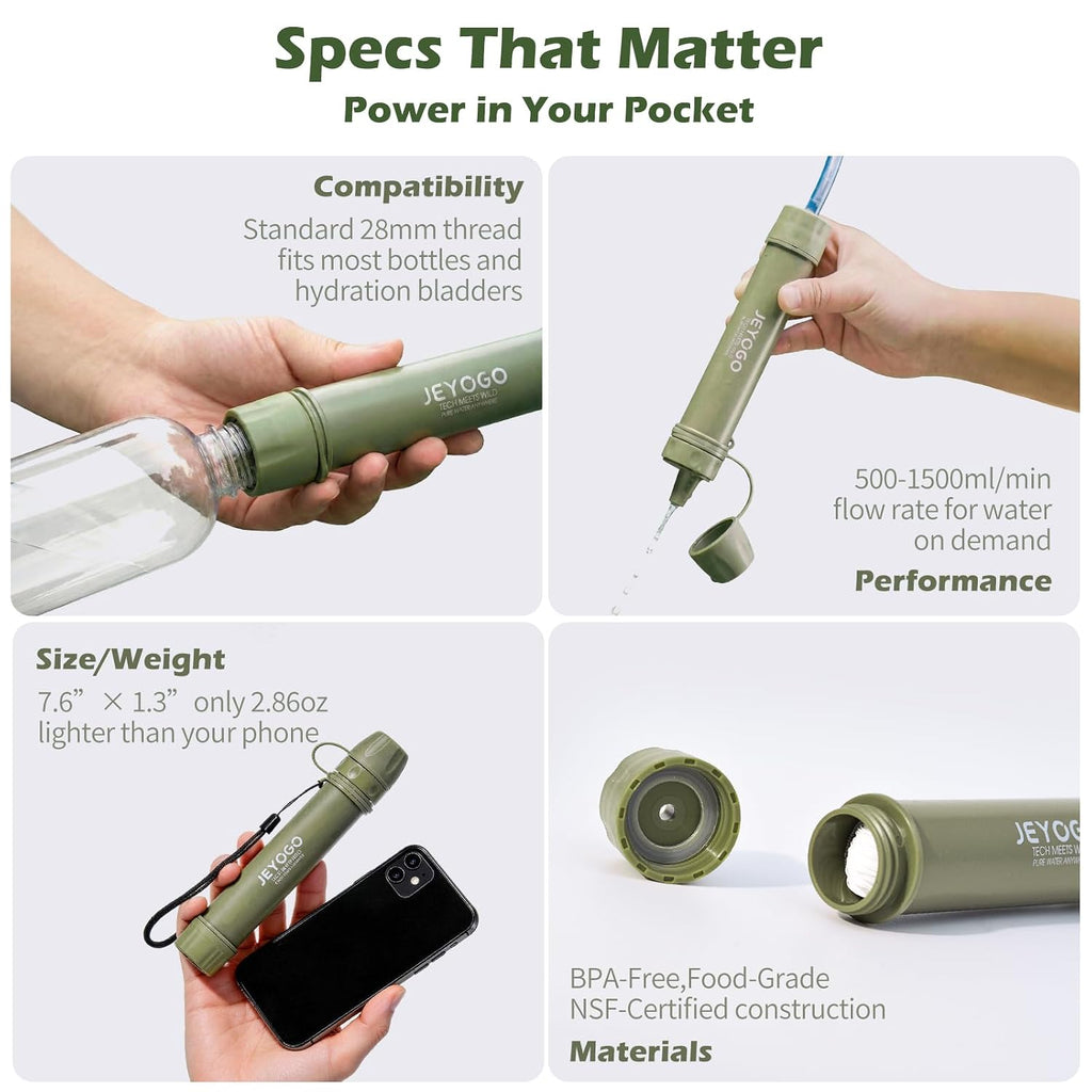 Survival Water Filter Straw - Portable Personal Water Purifier for Hiking, Camping & Bug Out Bag | Tactical Emergency Preparedness Gear, Wilderness Backpacking & Life Saving Equipment(2, Green)