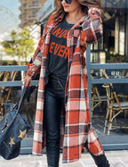 Women Oversized Plaid Shacket Long Fall Flannel Shirt Jacket | Button down Flannel Coat with 2 Pockets, Drop Shoulder, Long Sleeve, Curved Hem, Casual Woolen Shacket 2026
