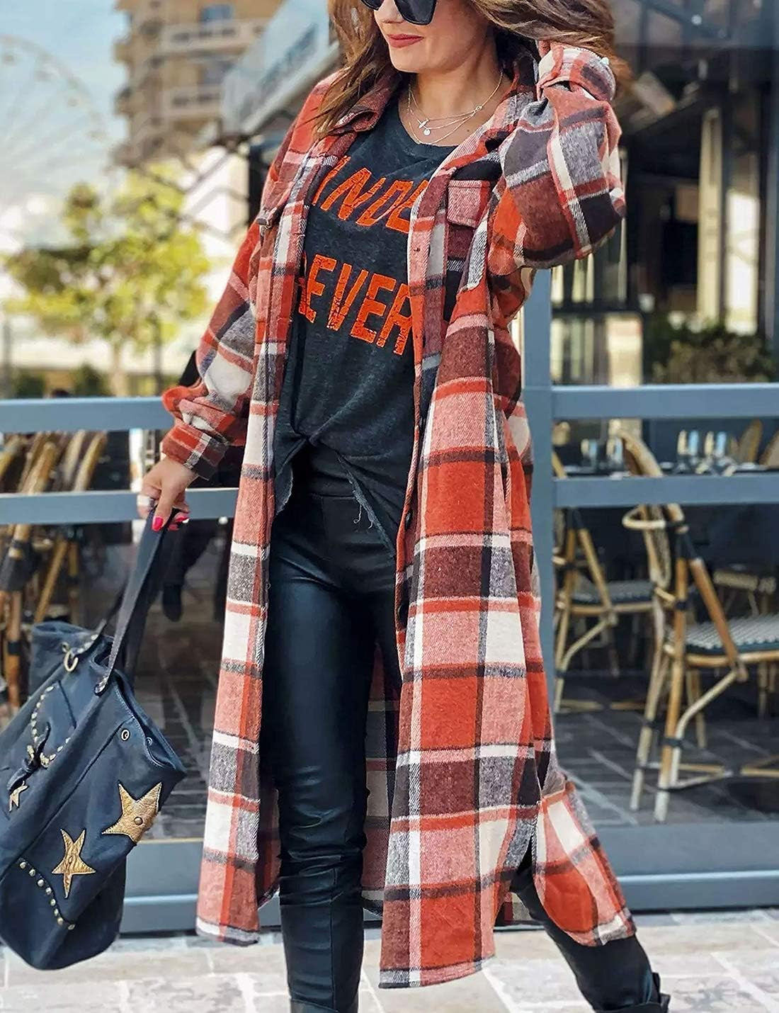 Women Oversized Plaid Shacket Long Fall Flannel Shirt Jacket | Button down Flannel Coat with 2 Pockets, Drop Shoulder, Long Sleeve, Curved Hem, Casual Woolen Shacket 2026