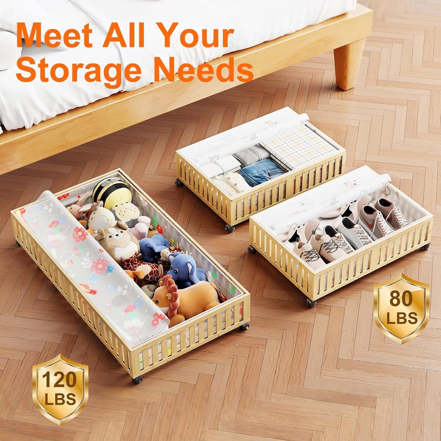 Bamboo under Bed Storage Containers with Wheels, 40L Underbed Drawers with Dust Bag, Breathable under Bed Shoe Storage, Rolling Underbed Clothes Storage, 2Pack