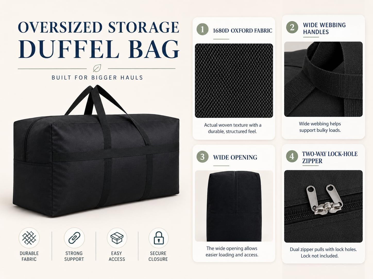Extra Large Storage Duffle Bag for Travel, Black Big Traveling Duffle Bag