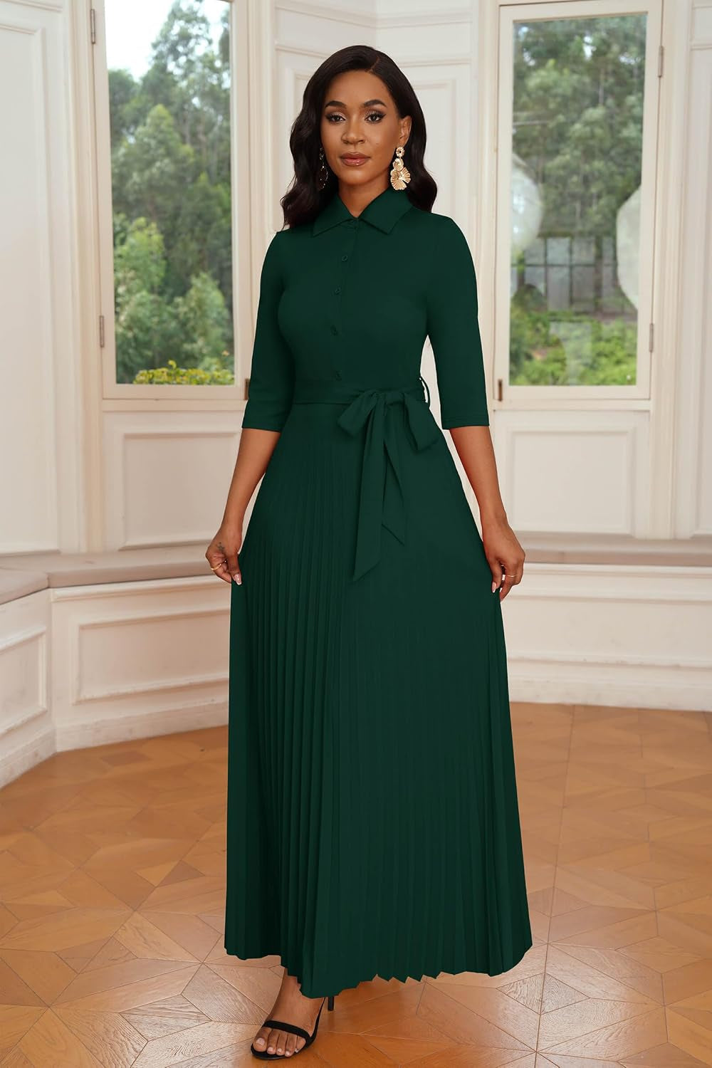 Womens Maxi Dress 3/4 Sleeve Button down Pleated Church Work Dress | Business Casual Lapel Neck Work Dress with Pockets/ Elegant Tie Waist Wedding Guest Dress with Belt/ Solid Color