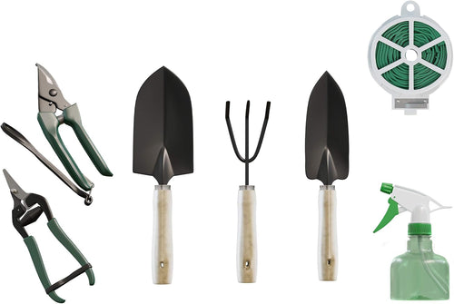 8-Piece Garden Hand Tool Set - Canvas Tote Gardening Tool Kit with Snip, Pruner, Rake, Trowel, Shovel, Spray Bottle, and Soft Wire Tie by