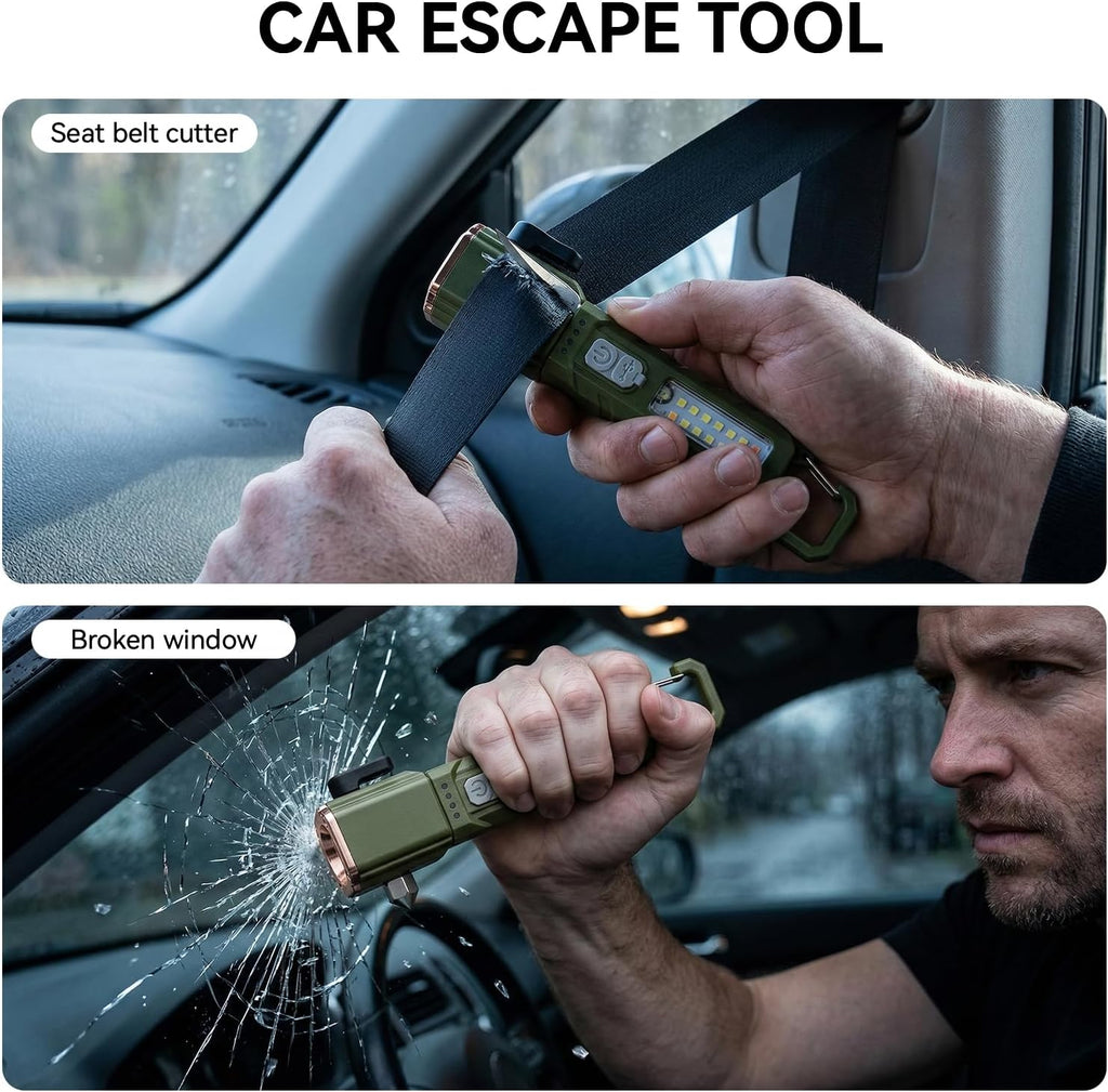 Emergency Car Flashlight with 6 Lighting Modes, Flashlights Emergency Kit Escape Hammer with Seatbelt Cutter & Window Breaker, Zoomable Design,Type-C Rechargeable for Roadside Safety,Camping,Home