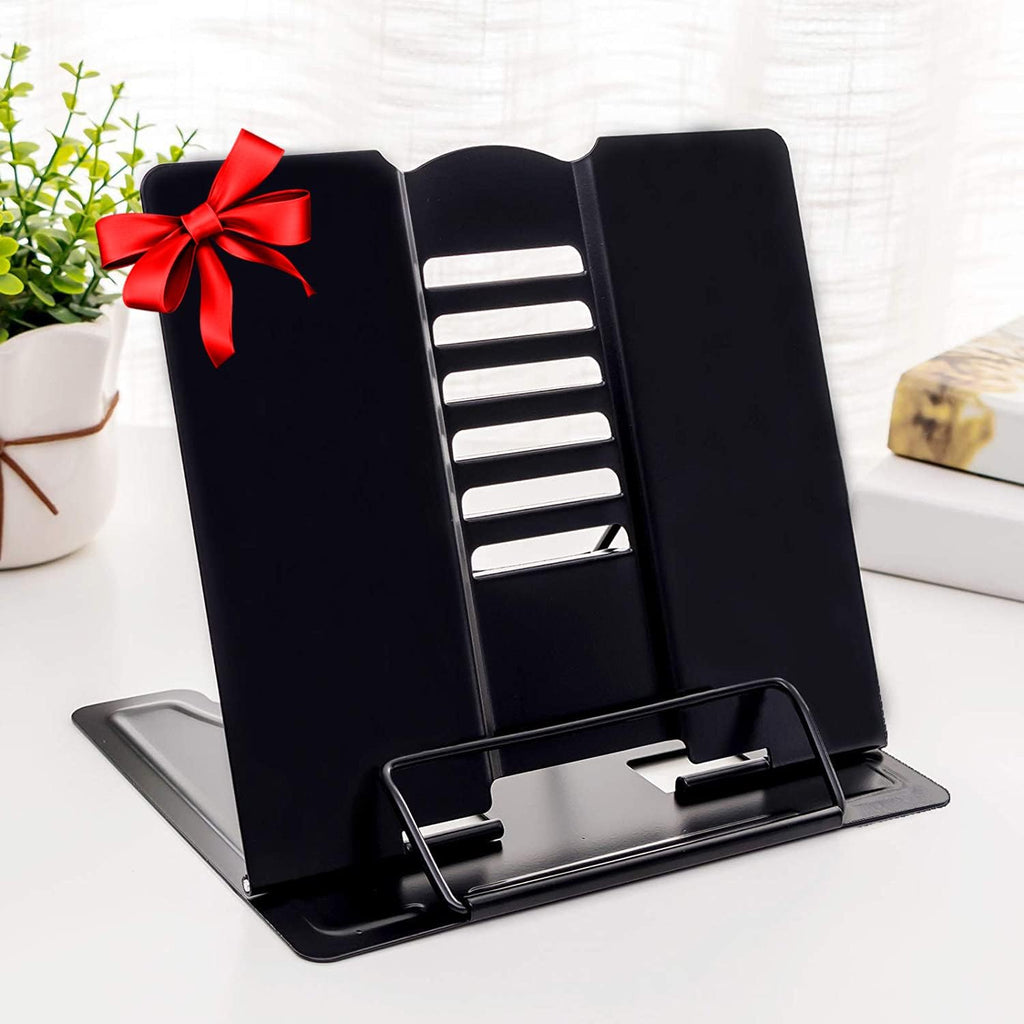 1PC Desk Book Stand Metal Reading Rest Book Holder, Cookbook Holder | Adjustable Documents Holder Portable Sturdy Bookstands for Recipes Textbooks Tablet Music Books with Page Clips (Black)
