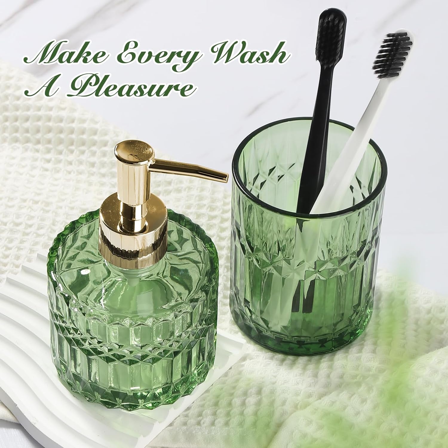 Green Bathroom Accessories Set, 4Pcs Green Bathroom Decor Accessory Sets Complete, Glass Soap Dispenser and Toothbrush Holder Set for Vintage Bathroom Countertop