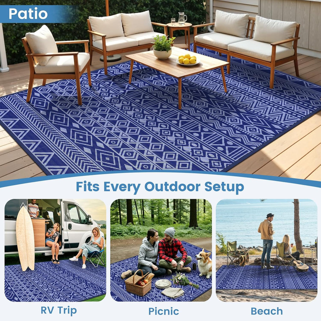 Outdoor Rug 5X8 Ft Waterproof, Reversible Plastic Straw Rug, Patio Rug, Outdoor Area Rug for RV Camping, Porch, Deck, Balcony, Backyard, Picnic, Beach, Garden, Camper, Blue & White