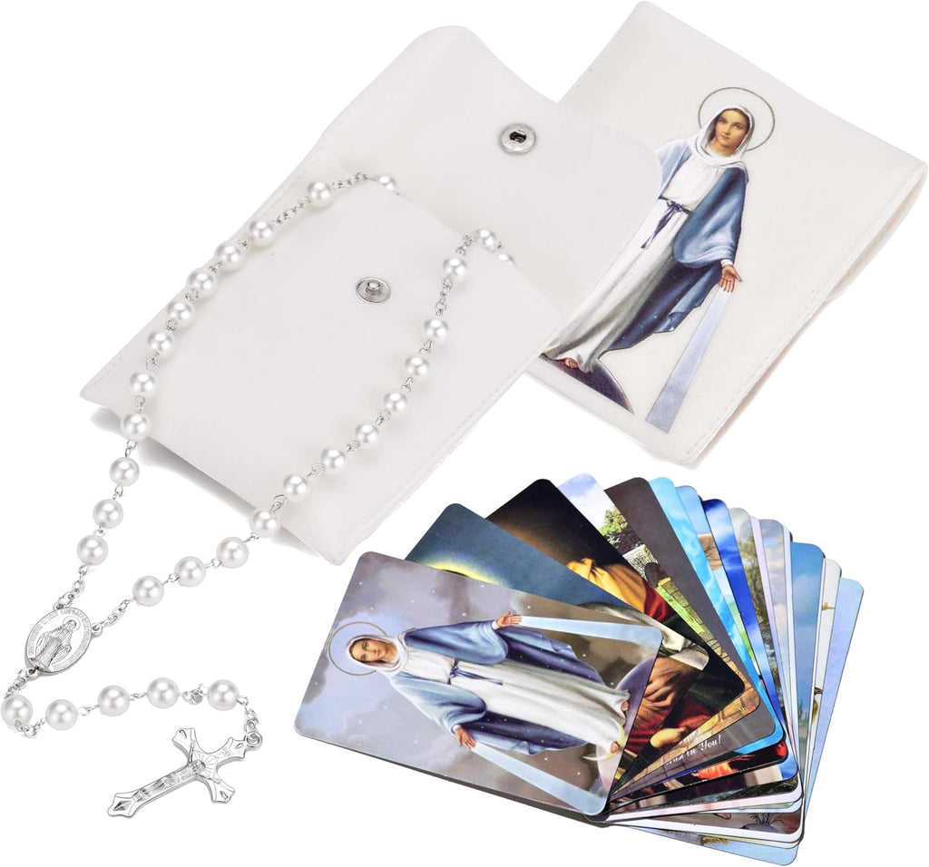 Rosary Beads Catholic for Women with Holy Mary Medal - Confirmation Gifts for Teenage Girl - Including Holy Mary Rosary Pouch and 18Pcs Saint Cards-White