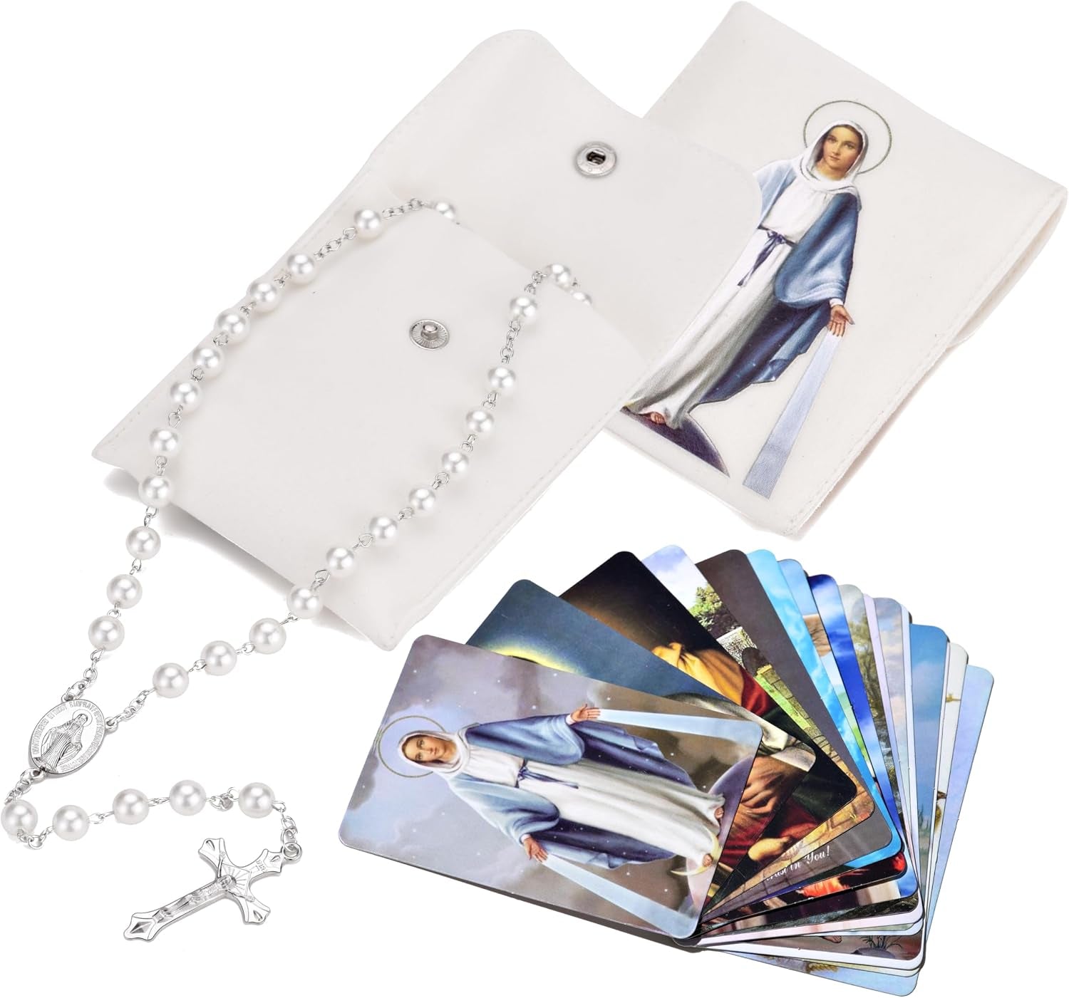 Rosary Beads Catholic for Women with Holy Mary Medal - Confirmation Gifts for Teenage Girl - Including Holy Mary Rosary Pouch and 18Pcs Saint Cards-White