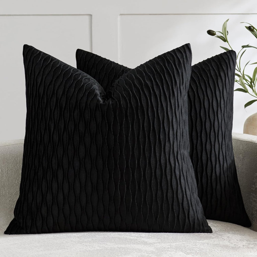 Black Vertical Ripple Striped Decorative Pillow Covers: Pack of 2 22X22 Inch Velvet Square Throw Pillow Cases for Farmhouse Couch Sofa Bed Living Room Home Decor