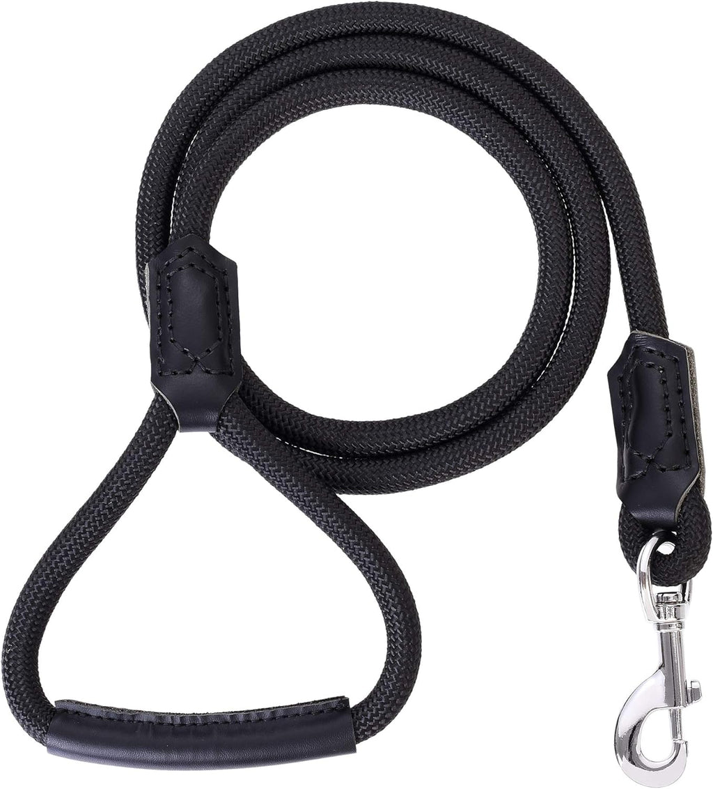 Dog Leash with Genuine Leather Connection/Handle, 4/5/6 FT | Rope Leash, Heavy Duty 360° Swivel Metal Clasp, for Small Medium & Large Dogs
