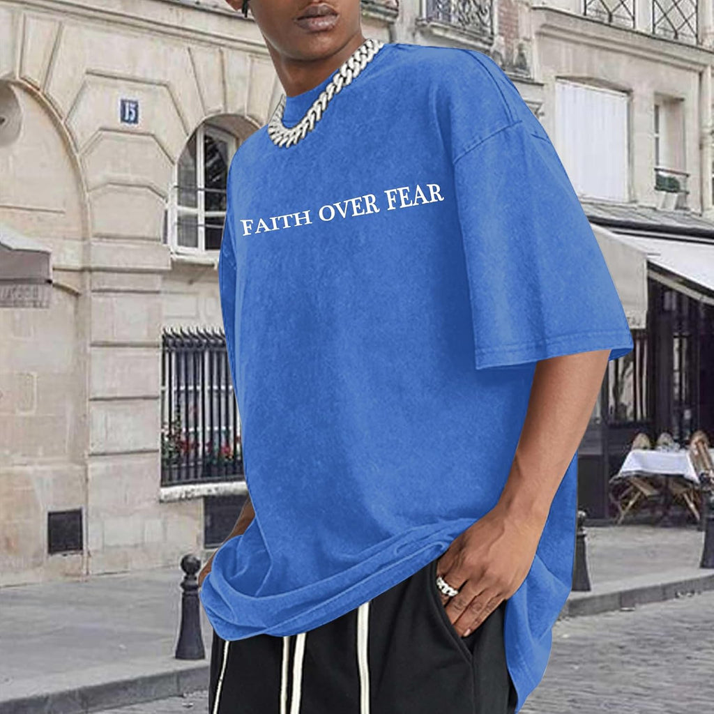 Christian Faith over Fear Shirt for Men Jesus Religious Shirts Oversized Graphic Tees Acid Wash God T-Shirt