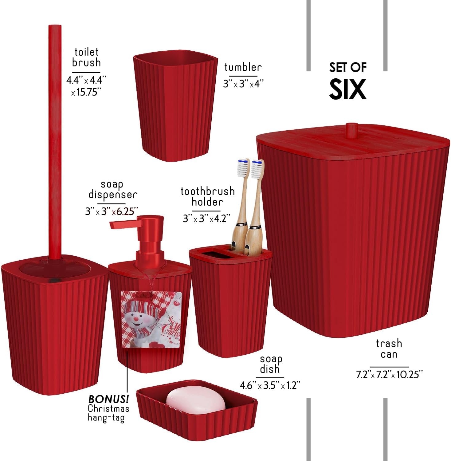 Bathroom Set - Christmas Bathroom Sets, Xmas Bathroom Accessories Set, Christmas Bathroom Decor, 6PC Bathroom Accessory Set with Toilet Brush, Trash Can & Soap Dispenser