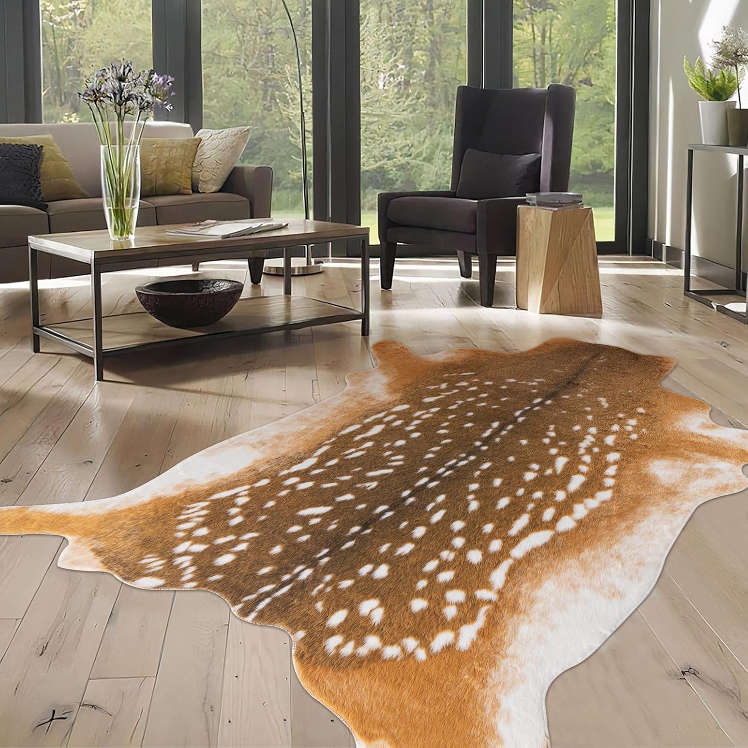 Deer Rug Antelope Print Rug, 6.2X8.2 Feet Faux Deer Hide Fawn Animal Print Skin for Living Room Bedroom Brown Rustic Western Décor